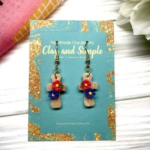 Clay and Simple flower cross earrings